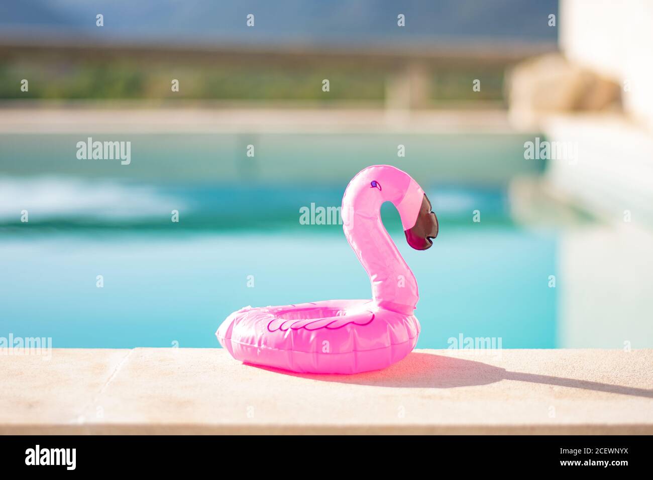 Aufblasbare Flamingo Spielzeug sanft schwebt über Schwimmbad mit landschaftlich Berghintergrund Stockfoto