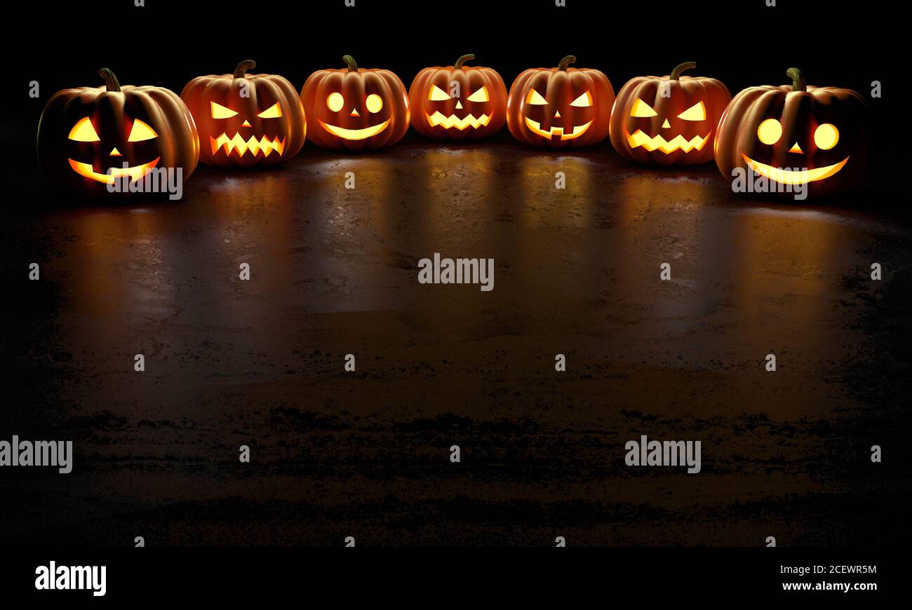 Sechs grinsende Halloween Kürbisse leuchten im Dunkeln mit Reflexen auf dem Boden. 3d-Rendering Stockfoto