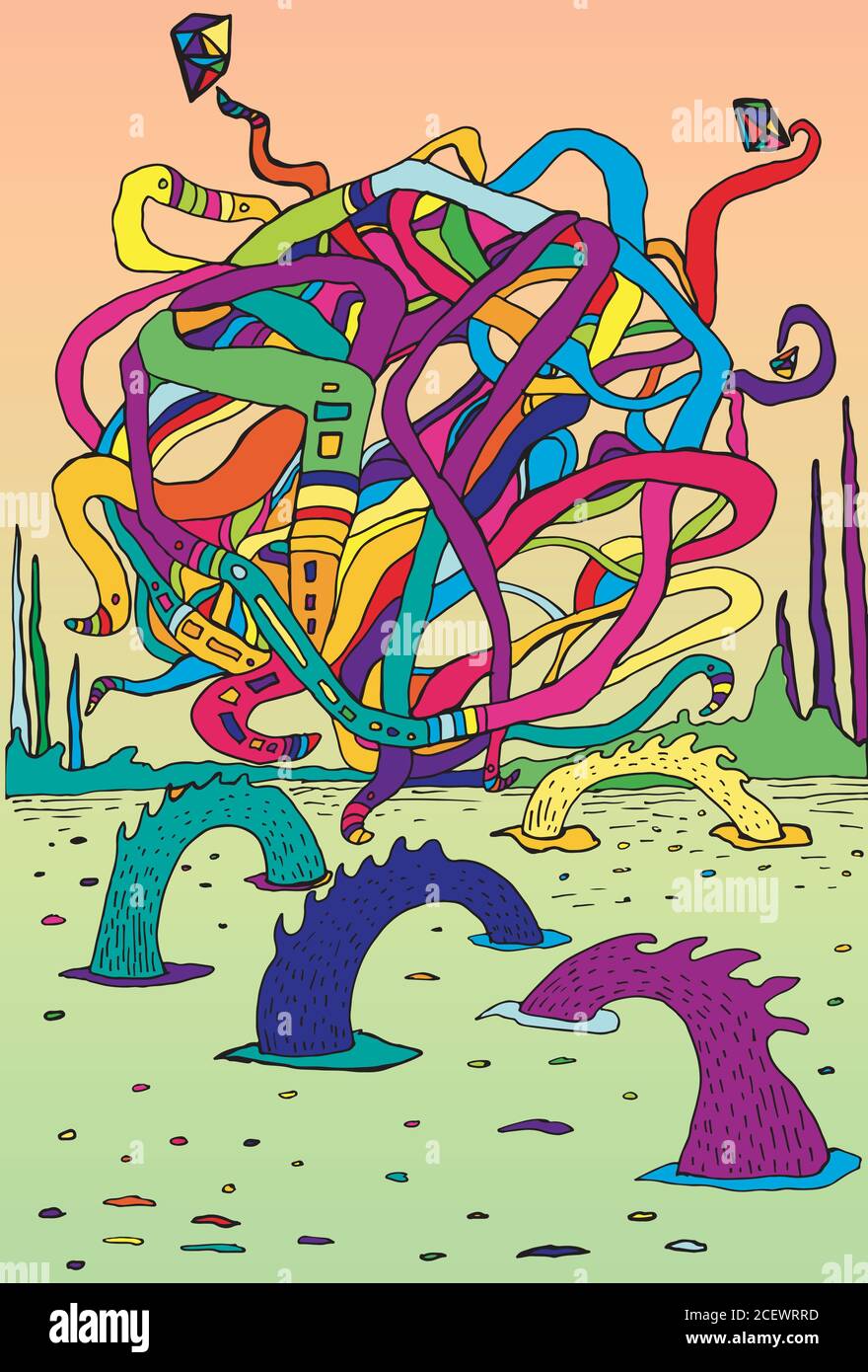 Bunt, fantastisch, fremdartig, psychedelische Landschaft, isoliert. Stock Vektor