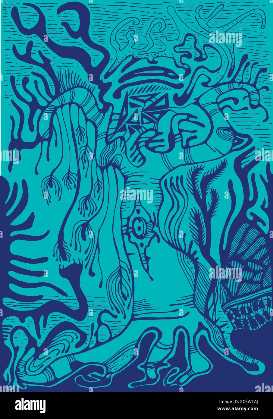 Fantastischer Wald, blaue Kontur, solierter türkisfarbener Hintergrund. Stock Vektor