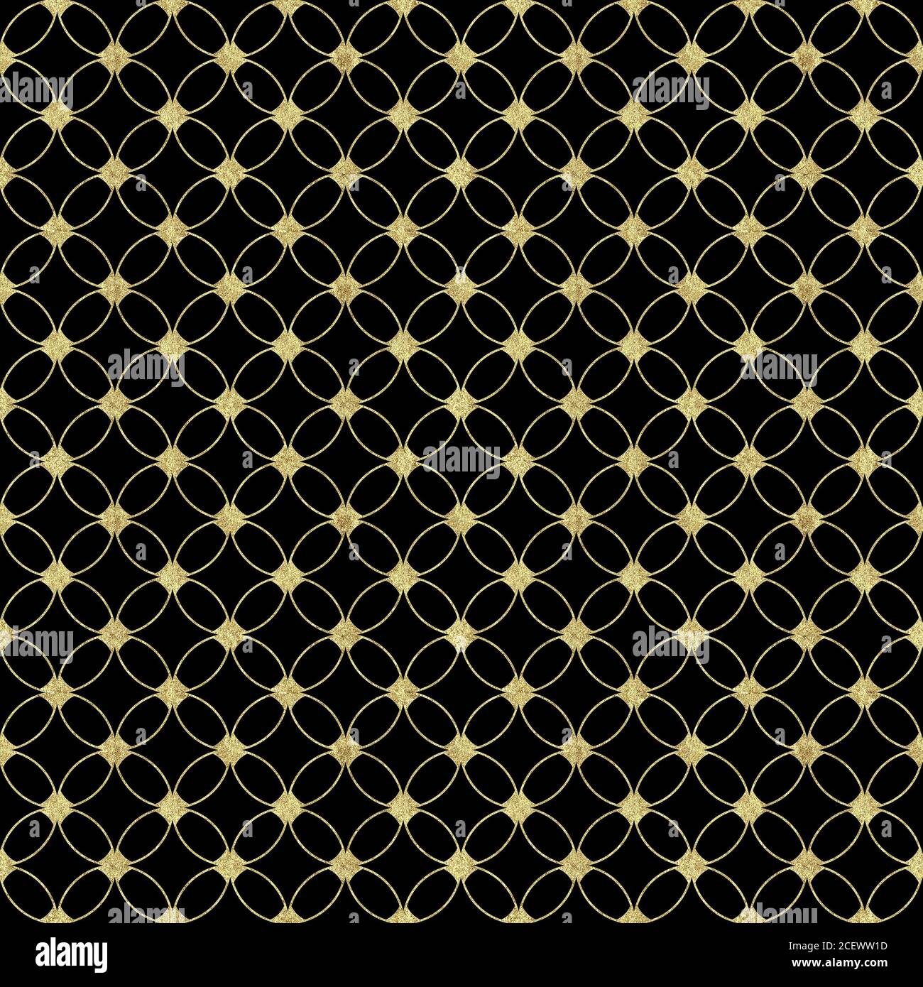 Nahtloser Luxus schwarzer Hintergrund mit abstraktem Vintage Gold Glitzer-Muster. Textur mit überlappenden Kreisen und goldener Konturlinie. Für Wand drucken Stockfoto