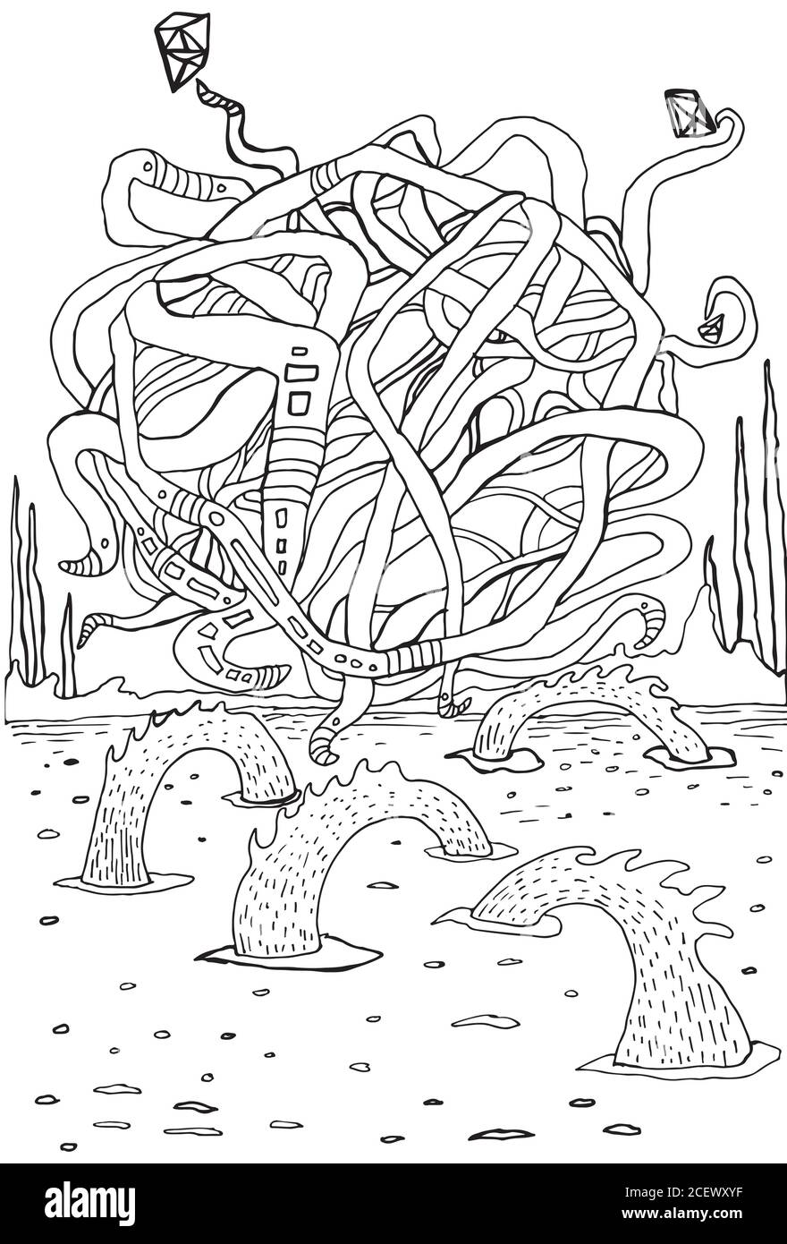 Fantastisch, fremd, Karikatur, schwarz und weiß Hintergrund, isoliert. Stock Vektor