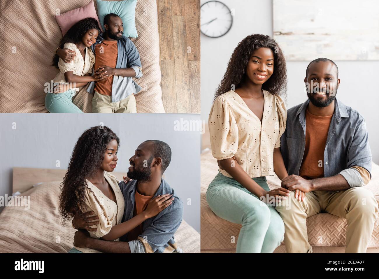 Collage eines afroamerikanischen Paares, das im Bett liegt, die Kamera umarmt und zu Hause anschaut Stockfoto