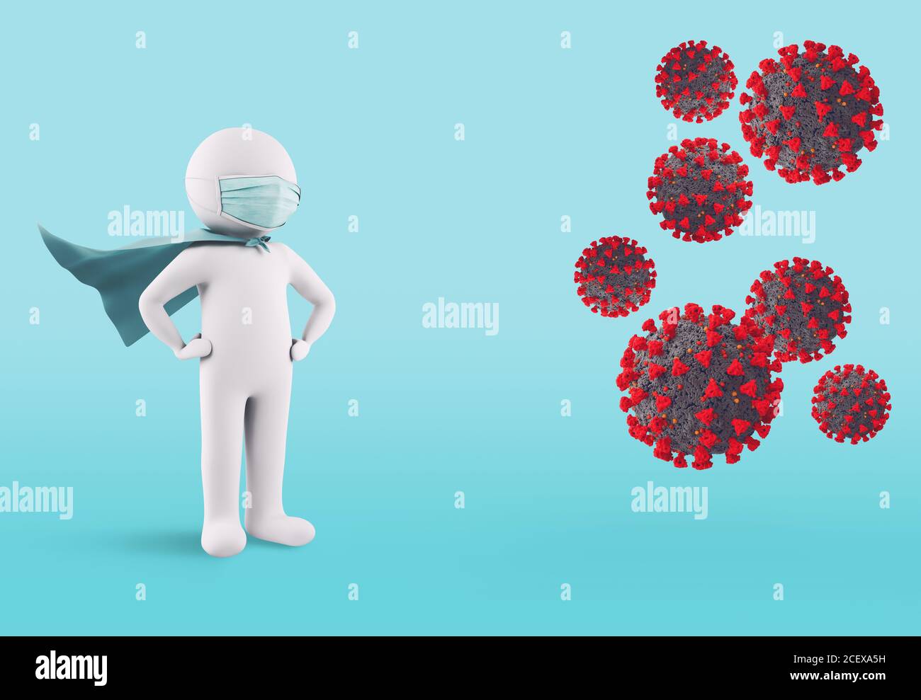 Konzept der Verteidigung gegen Virusinfektion mit Gesichtsmaske. 3D-Rendering Stockfoto