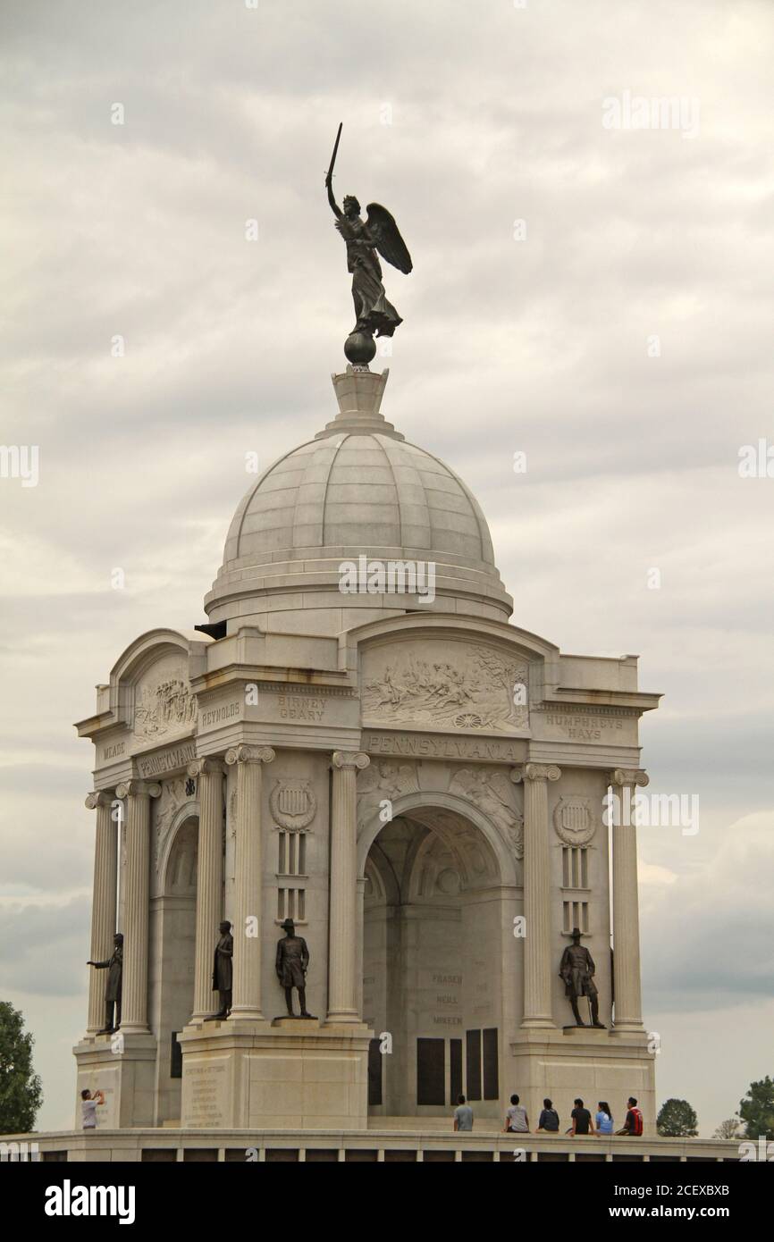 Pennsylvania State Memorial im Gettysburg National Military Park, PA, USA. Die Skulptur der Göttin des Sieges und des Friedens auf der Kuppel. Stockfoto