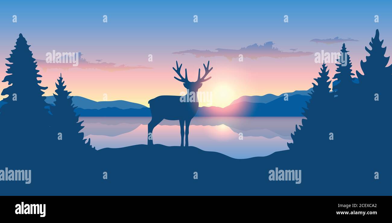 Rentier am See bei Sonnenaufgang Tiere natur landschaft Vektor-illustration EPS 10. Stock Vektor