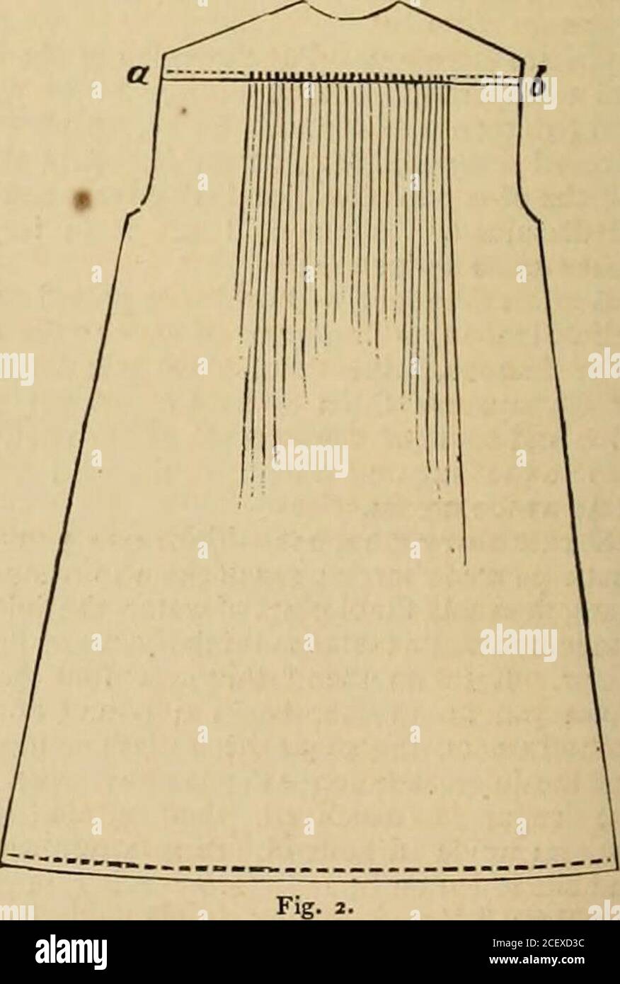 . Eine häusliche cyclopædia von praktischen Informationen ... die Figur sie werden durch die Buchstaben  g-andf, auf der linken Seite dargestellt; die rechte Hälfte wird im Laufe der Vorbereitung links, um die Erklärung klarer zu machen. Die Zöpfe, die auf beiden Seiten gemacht werden, kreuzen wir die Säume über den anderen, den gesteppten außen, und halten sie mit Stichen oben und unten fest, bis der Hals ausgeschnitten wurde, was nicht getan werden kann, bis der Rücken und die Vorderseite des Hemdes zusammengelegt sind. Wir aber sammeln den unteren Rand des transversal geschlitzten Kat d und legen die Raffen und befestigen sie, so dass das Gat zu machen Stockfoto