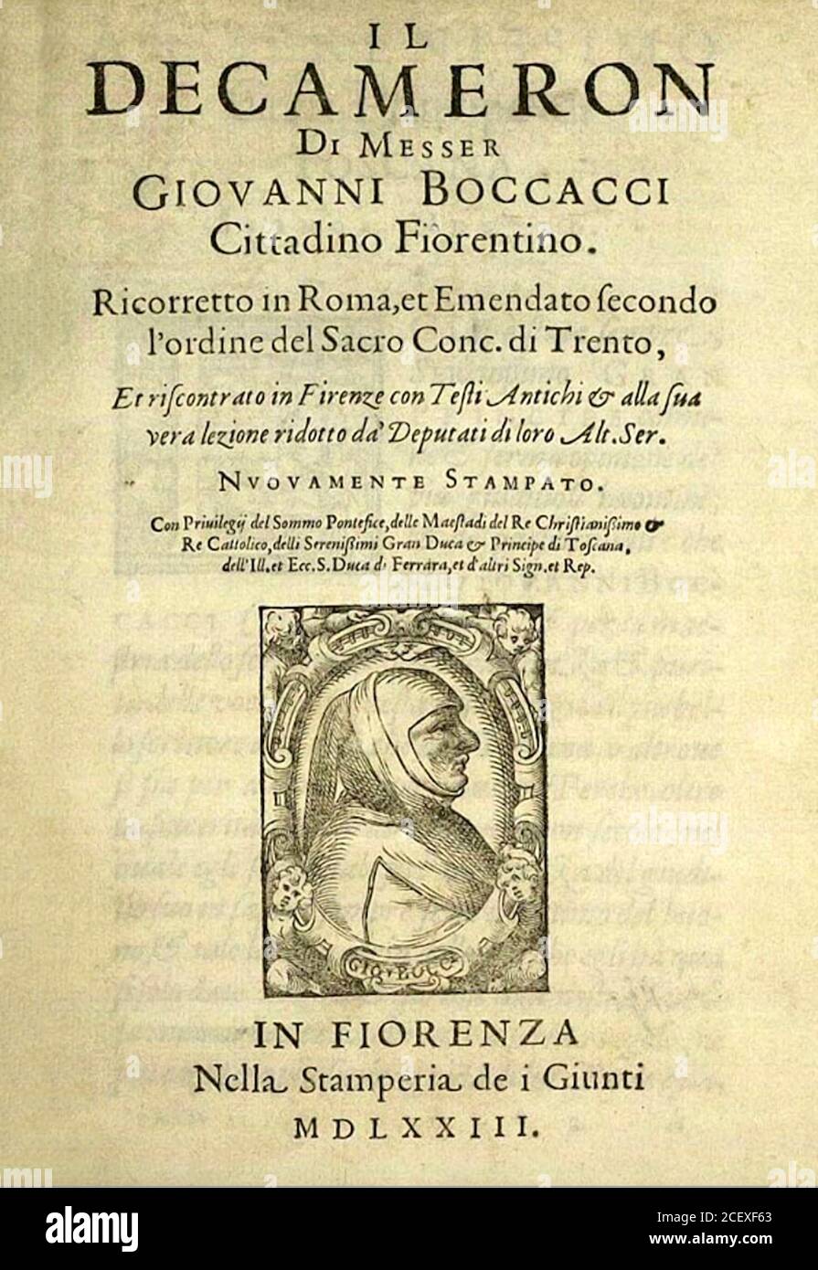 Decameron. Titelblatt einer Ausgabe des Decameron von Giovanni Boccacci aus dem Jahr 1573. Stockfoto