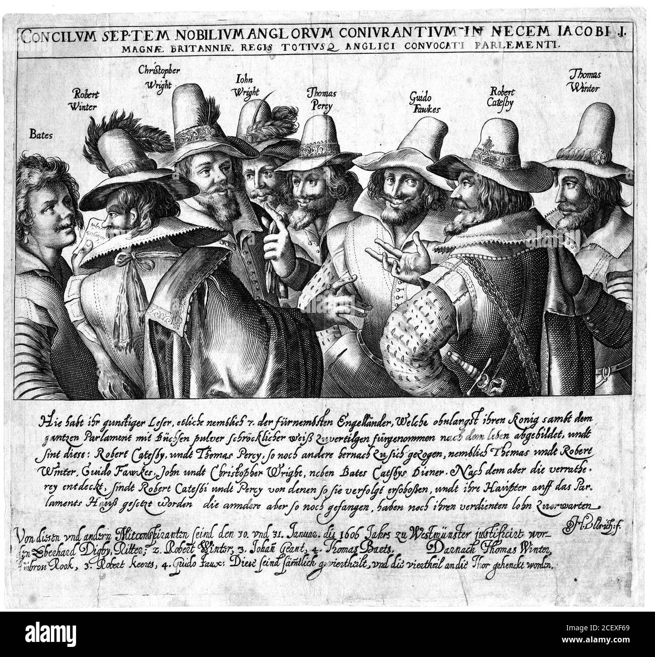 Guy Fawkes und der Gunpowder Plot. Eine Radierung, um 1606, die alle Verschwörer in der Verschwörung zeigt, um das englische parlament in die Luft zu sprengen. Stockfoto