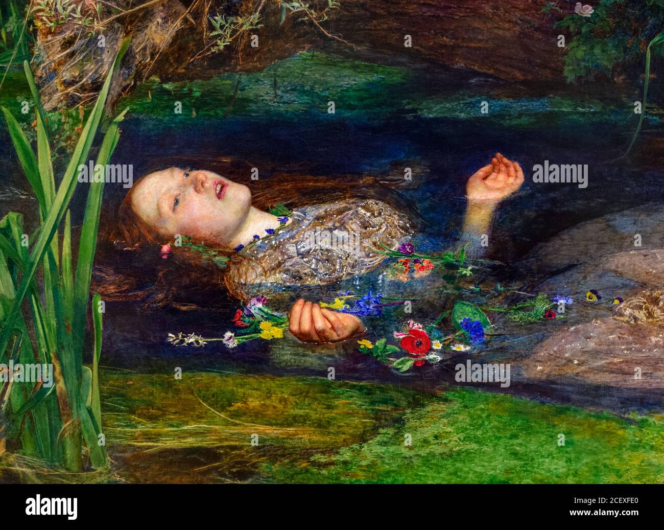 Ophelia von Sir John Everett Millais (1829-1896), Öl auf Leinwand, 1851-2. Dies ist ein Detail aus einem größeren Gemälde Stockfoto