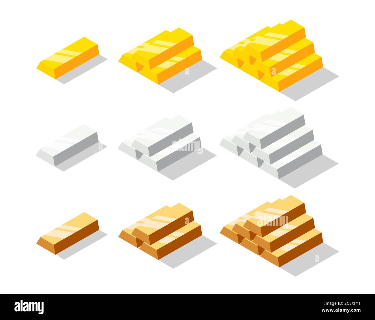 Isometrisches Gold-, Silber- und Bronzestangen-Set. Metallziegel oder Ingot Sammlung isoliert auf weißem Hintergrund Stock Vektor