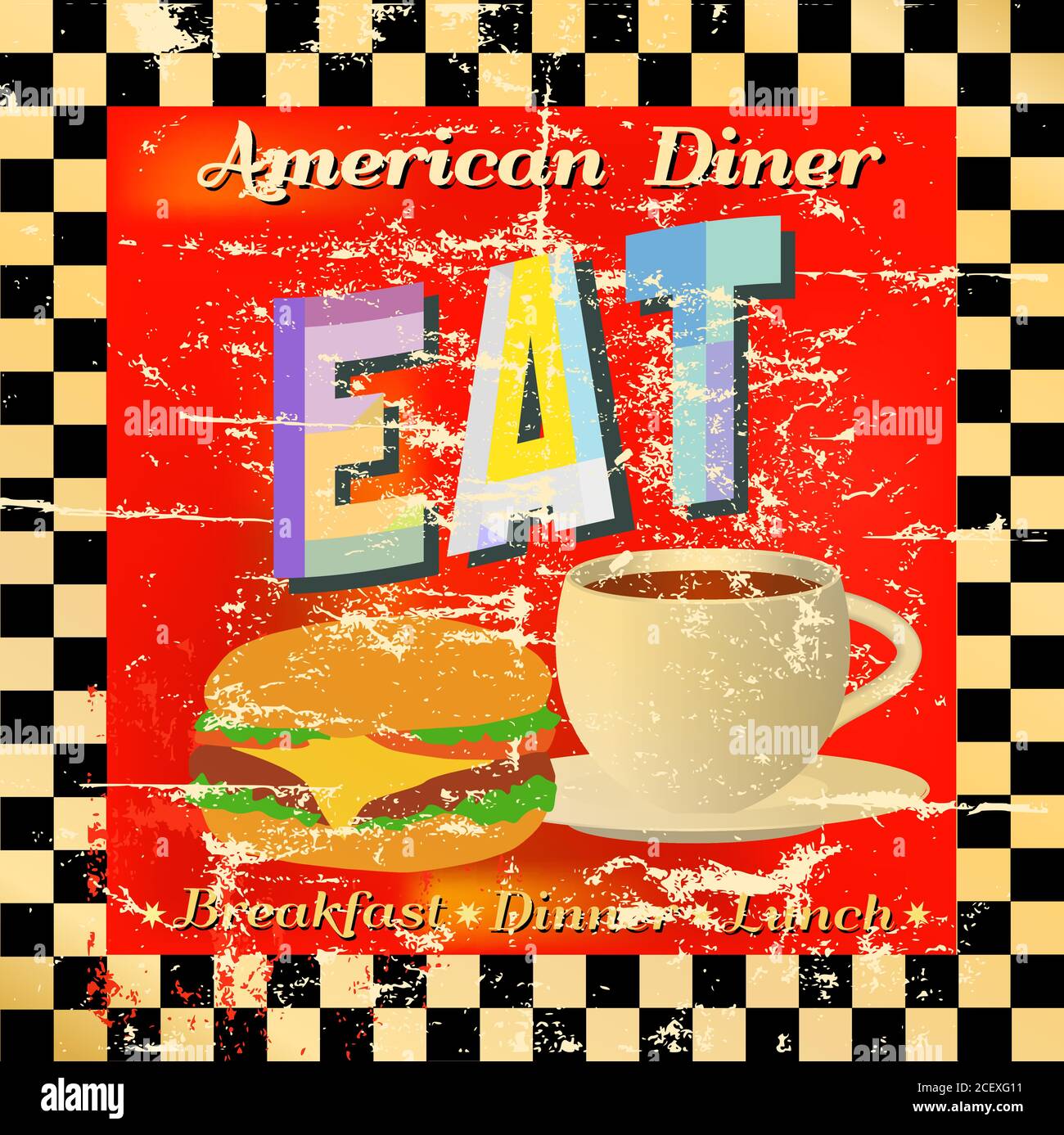 Vintage Route 66 Diner Zeichen, alte Fast-Food-Restaurant Advertsing Zeichen, Vektor-Kunst Illustration, americana Stock Vektor
