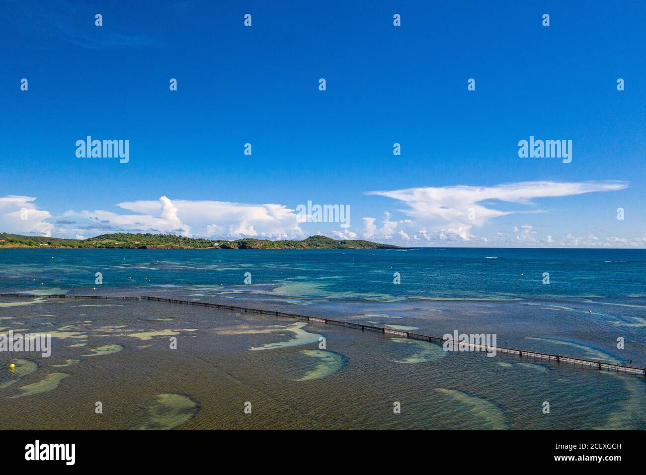 Karibische Strände sind wegen der Sargassum-Algen im Niedergang. Zäune werden im Meerinstalliert Dies ist der Fall hier in der Stadt Vauclin auf Martinique. Stockfoto
