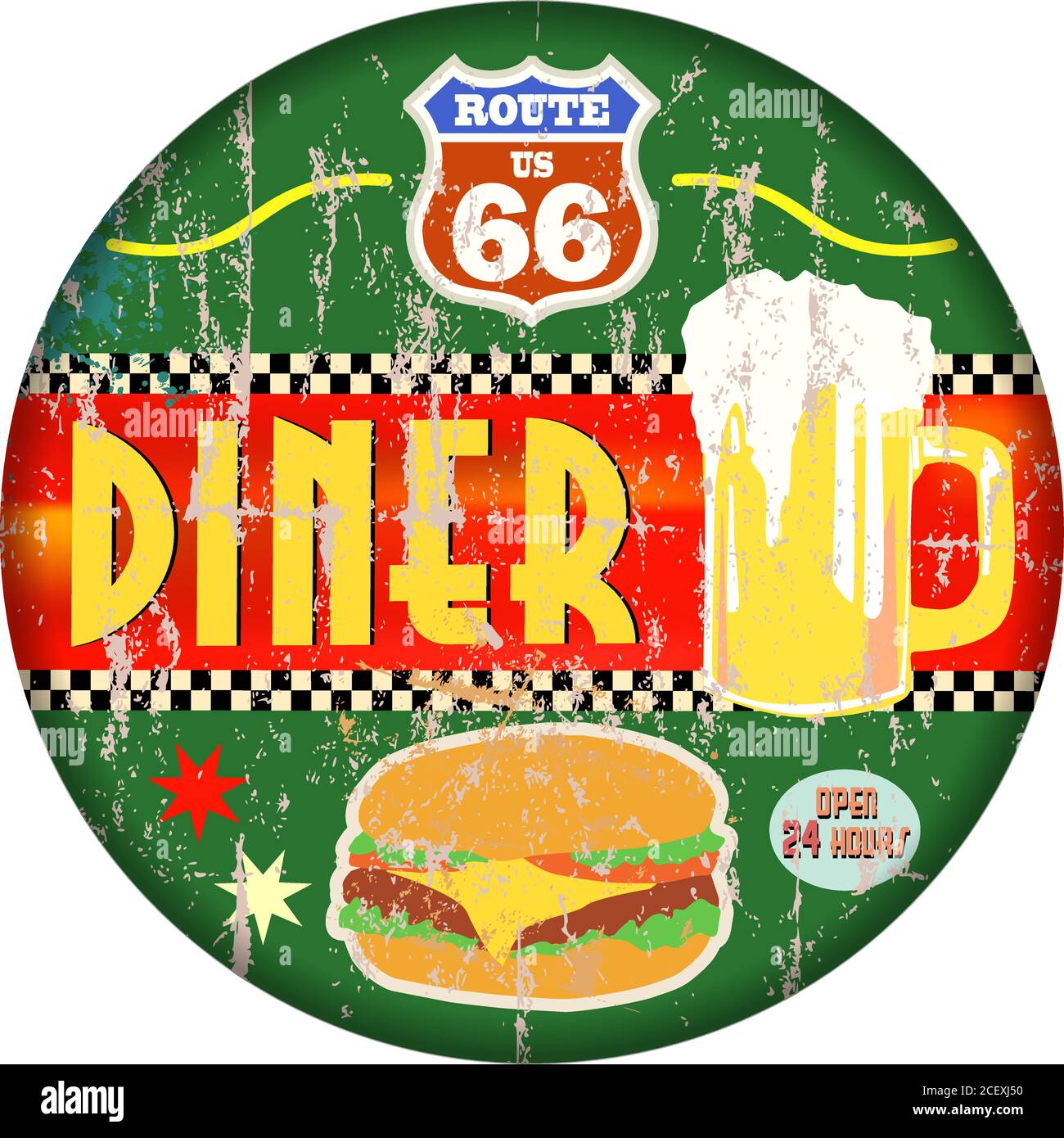 Vintage Route 66 Diner Zeichen, alte Fast-Food-Restaurant Advertsing Zeichen, Vektor-Kunst Illustration, americana Stock Vektor