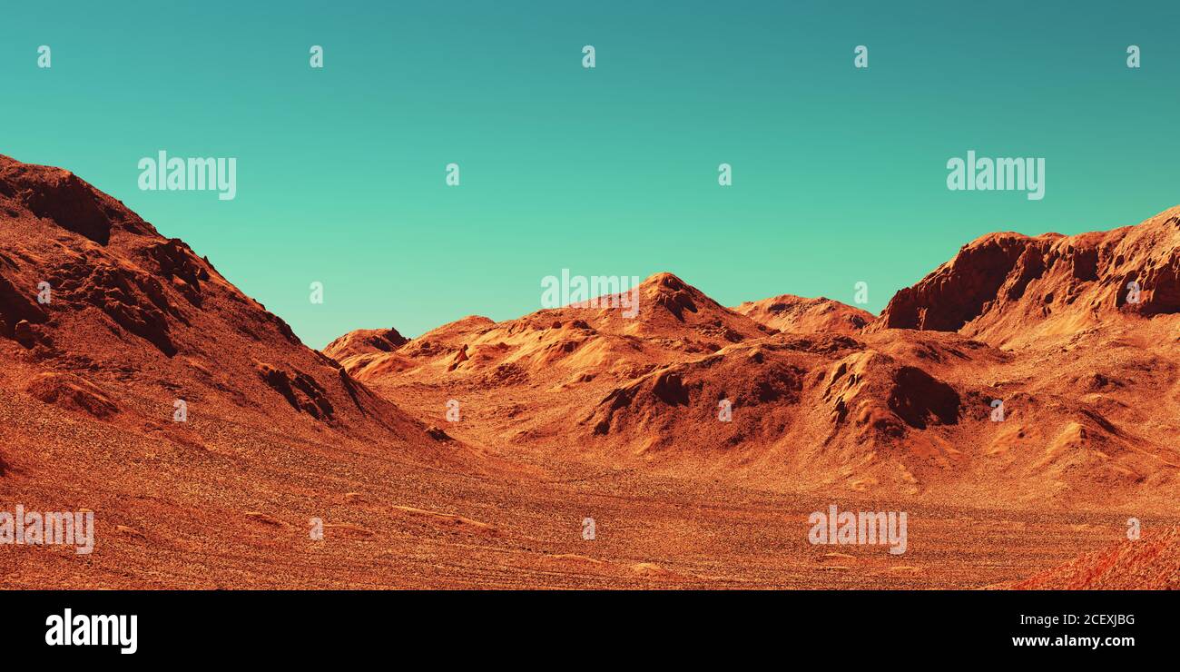 Marslandschaft, 3d-Rendering von imaginärem mars-Planeten-Gelände, Science-Fiction-Illustration. Stockfoto