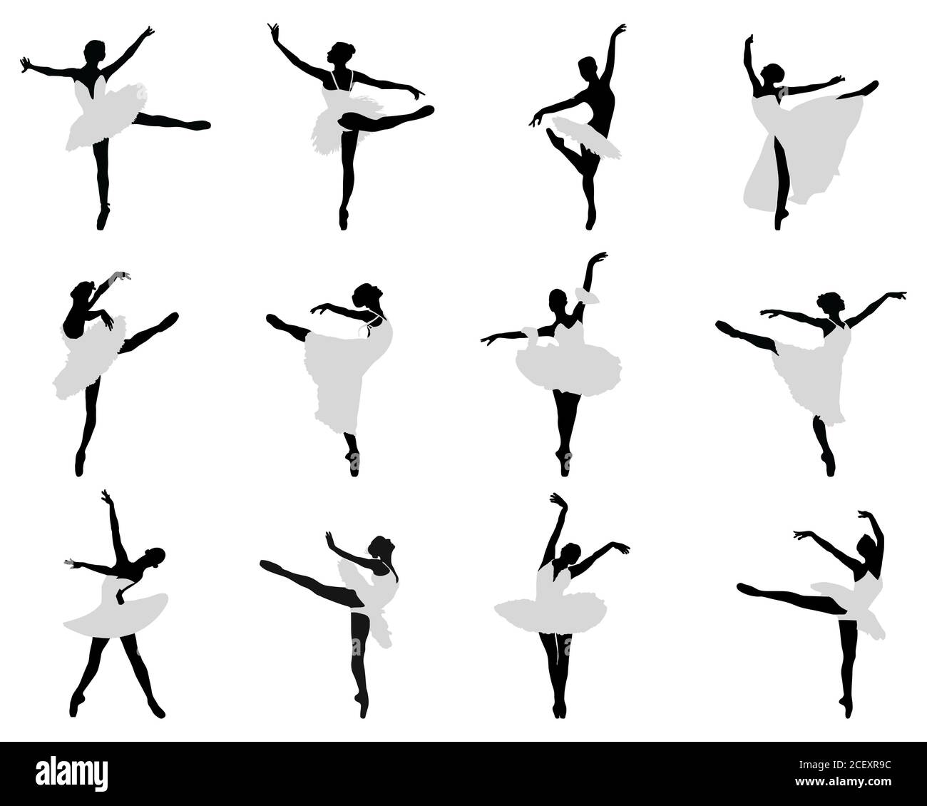 Schwarze Silhouetten der Ballerinas auf weißem Hintergrund Stockfoto
