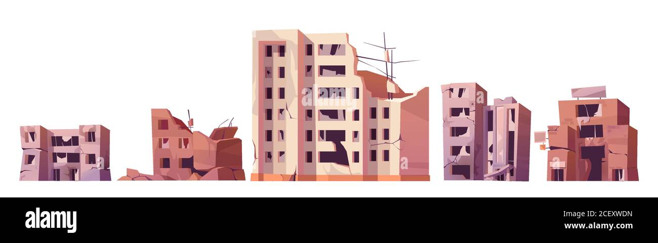 Zerstörte Stadtgebäude nach Krieg oder Erdbeben. Vektor Cartoon Satz von verlassenen gebrochenen Häusern isoliert auf weißem Hintergrund. Verfallene Stadtruinen nach Explosion oder Naturkatastrophe Stock Vektor
