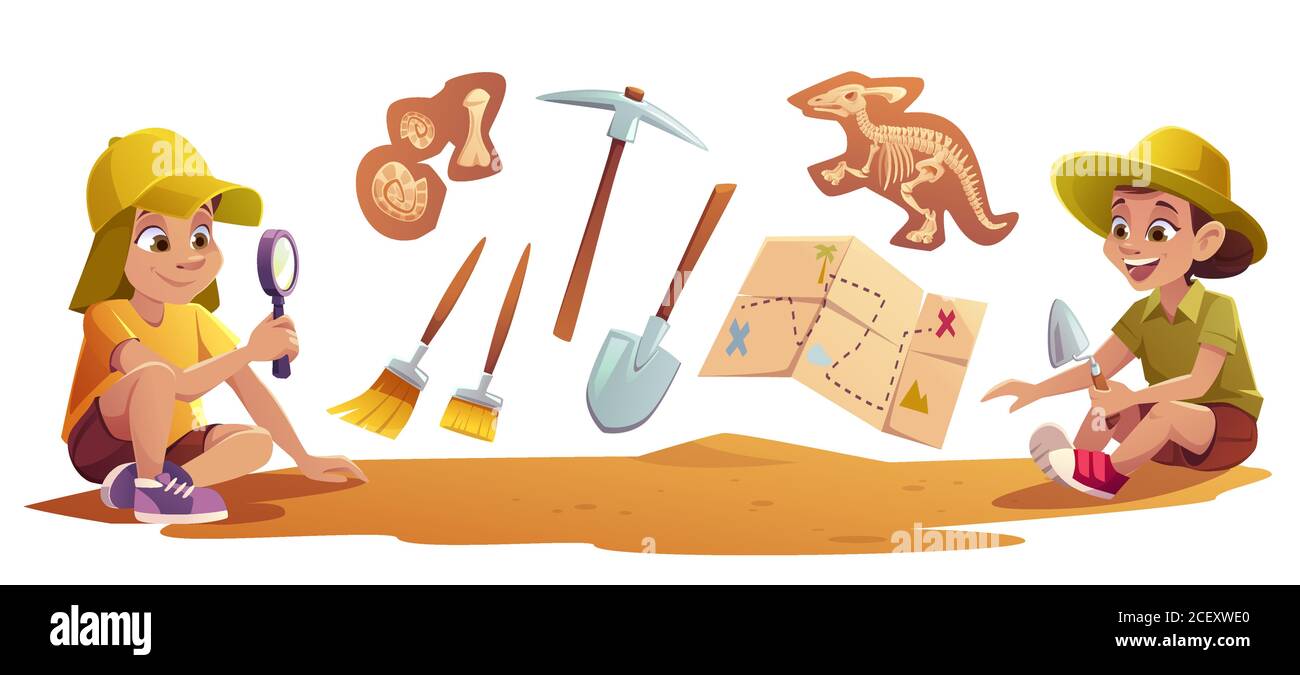 Kinder spielen in Archäologen arbeiten an paläontologischen Ausgrabungen graben Boden mit Schaufel und erkunden Artefakte mit Lupe. Kinder studieren Dinosaurier fossil. Cartoon Vektor Illustration Stock Vektor