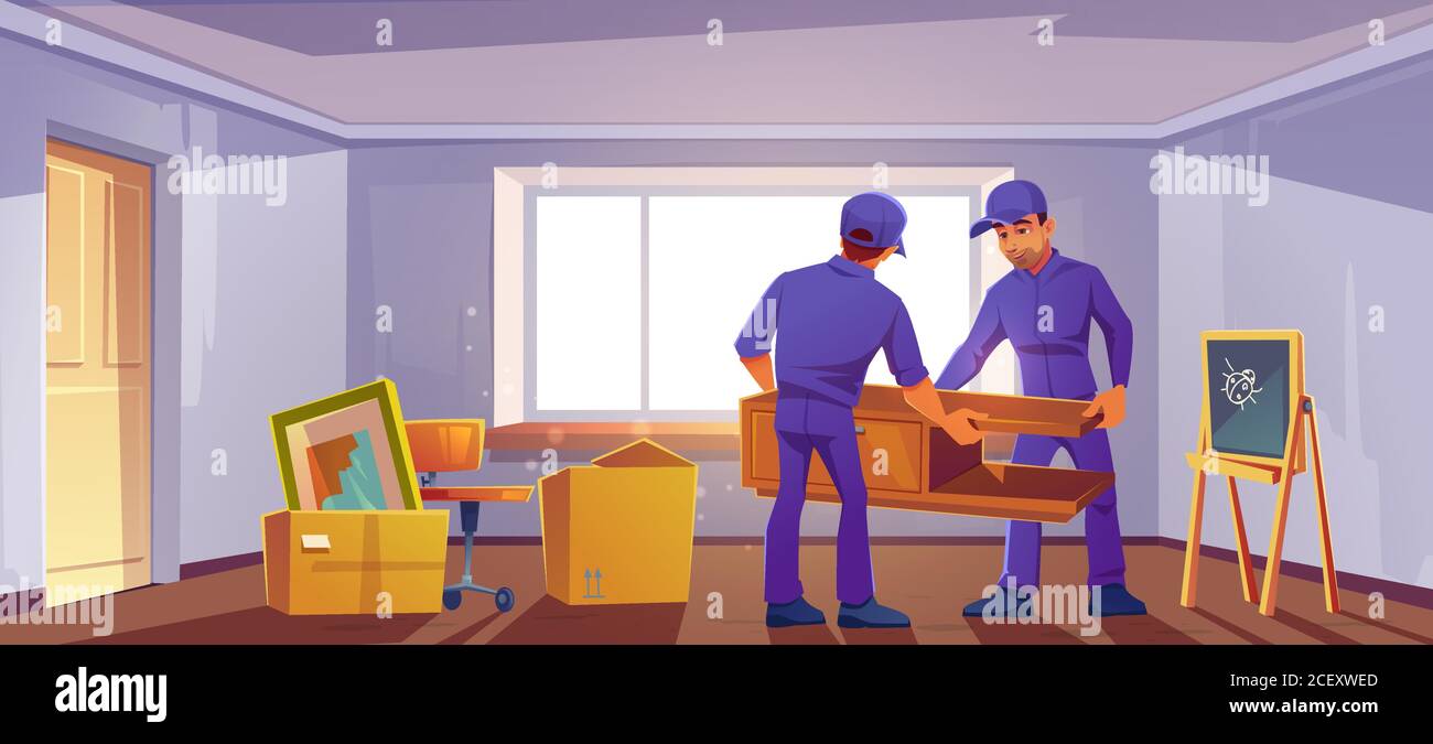Umstieg auf neues Hauskonzept. Lader bringen Möbel und Boxen ins Zimmer. Zuhause mit Pappbehältern voller Haushaltsgegenstände und Kindersachen. Cartoon Vektor Wohnung Innenraum mit großem Fenster Stock Vektor