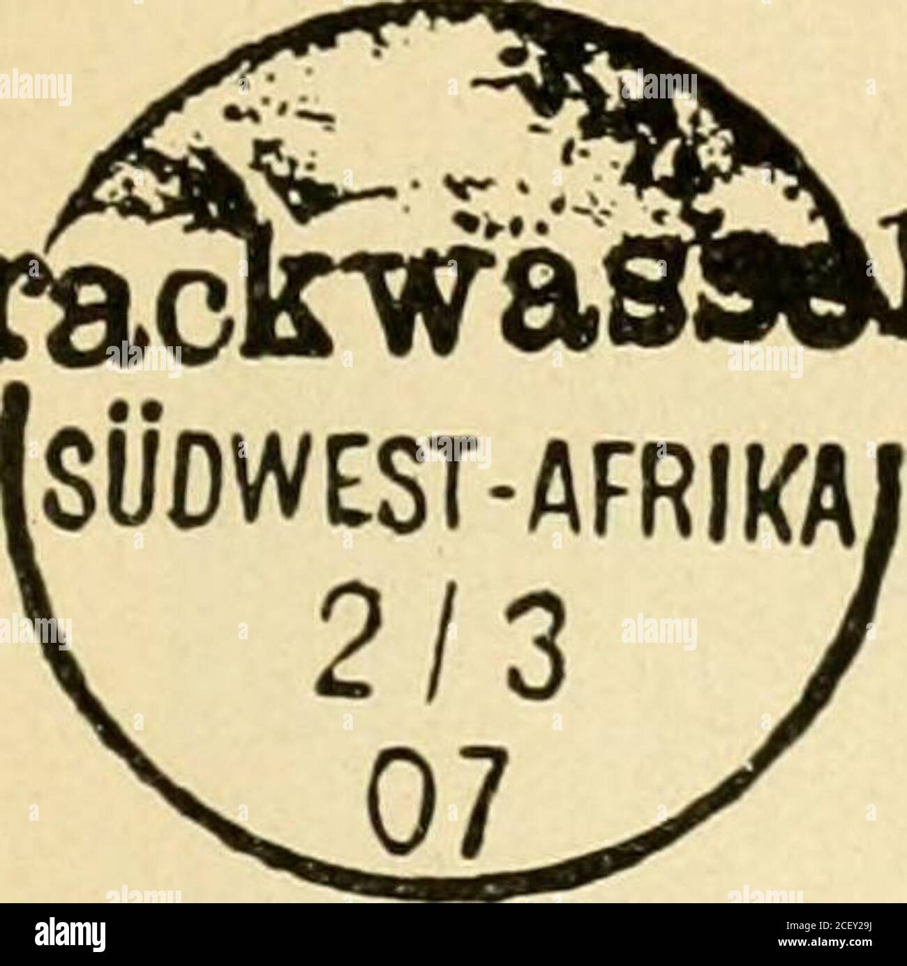 . The postwertscimes and devending of the deutsche poststanstalten in the Protection and in auslande. (Vorzeig 1. 5. 99. Zu Ge-fälligkeitsstemplg. Benutzt) vom 1^. Juli jSgg (Violett 17.März 31. Aug. 1902, blau schwarz Mai 19(J2, Juni 1903) bis A/&gt;ril igi; auf Siidwestarrika Nr. 1-32, 35. Der Stempel ist denFeindin die Hände gefallen. Vom J. März igi4 bis etwa JO. September igi4 aiif Siiiltrestatrika Nr. 13-32. 34. Brackwasser, 1. Januar 1007, geschlossen April 1915. BÄci^ä. Stockfoto