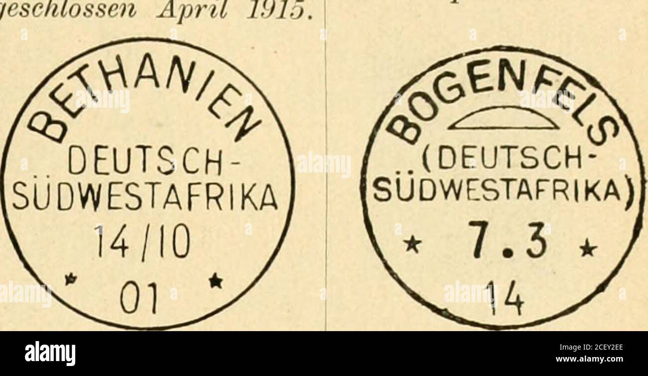 . The postwertscimes and devending of the deutsche poststanstalten in the Protection and in auslande. Vom 2 g März igi4bis ßl. Lilärz igi^ auf SiidweslanribaNr 13-32, 34. Der Stempel ist der Feinden in die Hände gefallen. Seit I. November igfj-^ bis April jqi^ anf Siidwestafrlka Nr. 13-32, 34. Bethanien, Posthilfslclle seit 15.7.00,PostAG. Seit 1. Sept. 1903,geschlossen April 1015. Boo;enfeis, * 7. MäTK. 1014bis September 101 i.. (Vorzeig 1. 5. 99. Zu Ge-fälligkeitsstemplg. Benutzt) vom 1^. Juli jSgg (Violett 17.März 31. Aug. 1902, blau schwarz Mai 19 (J2, Juni 1903) bis A/&gt;ril igi; Stockfoto