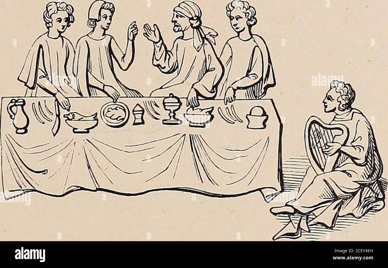 . Das Bokes der Ernährung. Ein PrivaIE Dinneb. 15. Jahrhundert, aus der französischen Übersetzung des Dicameron.Imp. Lib. Paris, Nr. 6887. Wright, S. 364.. Die Habpee in der HAIX. FRAU Reg. 2, B. VII. Fol. 71 B. und fol. 203 B. Anfang des 14. Jahrhunderts. Wright, S. 164. Stockfoto