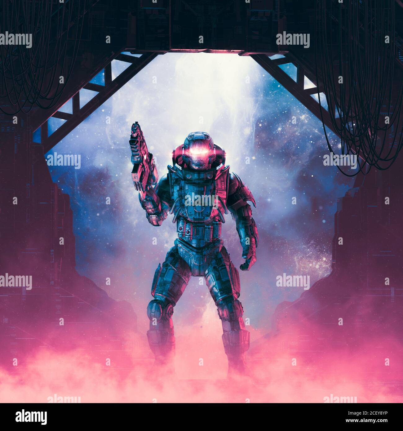 Cyberpunk Soldat Luftschleuse / 3D-Illustration von Science Fiction Militär Roboter Krieger mit Laser Gewehr in Raumschiff bewaffnet Stockfoto