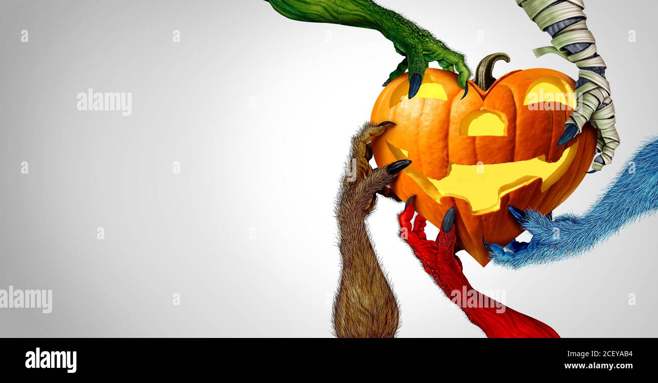 Halloween gruselige Halloween Monster Hände hält ein Kürbis Herz als Zombie ein Werwolf oder Mama und gruselige rote Teufel Hand greift einen Jack o Laterne. Stockfoto