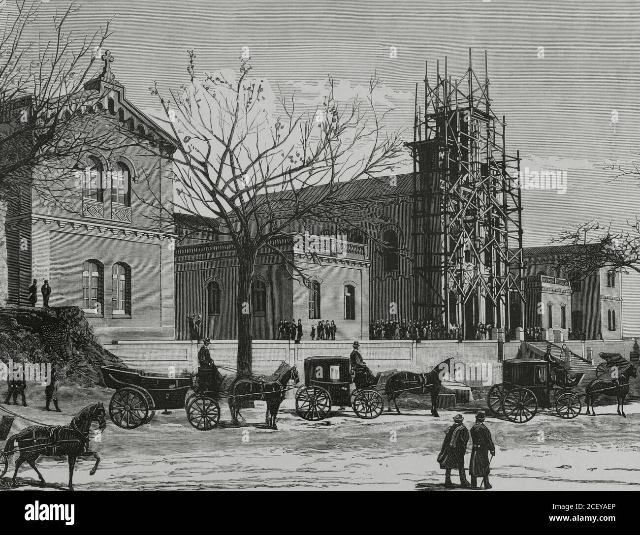 Spanien, Madrid. Hospital del Niño Jesús (Child Jesus Hospital). In der Ronda de Vallecas wurde Anfang 1877 der erste Stein dieser gemeinnützigen Einrichtung für arme kranke Kinder gelegt. Allgemeine Ansicht des Gebäudes am Nachmittag des 1. Dezember 1881, als es in einer Zeremonie unter dem Vorsitz von König Alfonso XII und den Infantas eingeweiht wurde. Trotz der Tatsache, dass das Gebäude noch nicht vollständig fertiggestellt war, konnte es bereits Unterkünfte für kranke Kinder bieten. Es wurde von der Wohltätigkeitsorganisation unter dem Vorsitz von Maria Hernández y Espinosa de los Monteros, Herzogin von Santoña, Commissio, erbaut Stockfoto