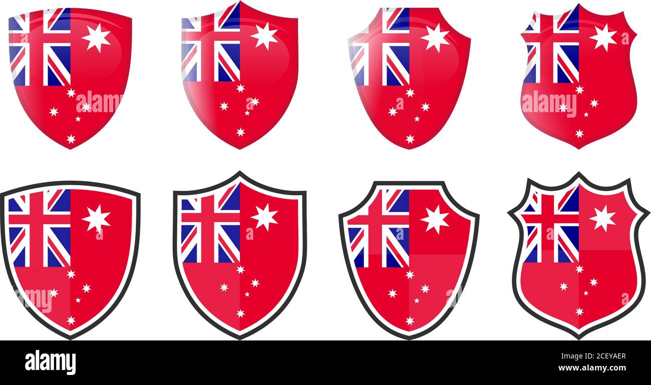 Vertikale rote Australien Flagge in Schildform, vier 3d und einfache Versionen. Australisches Symbol / Zeichen Stock Vektor