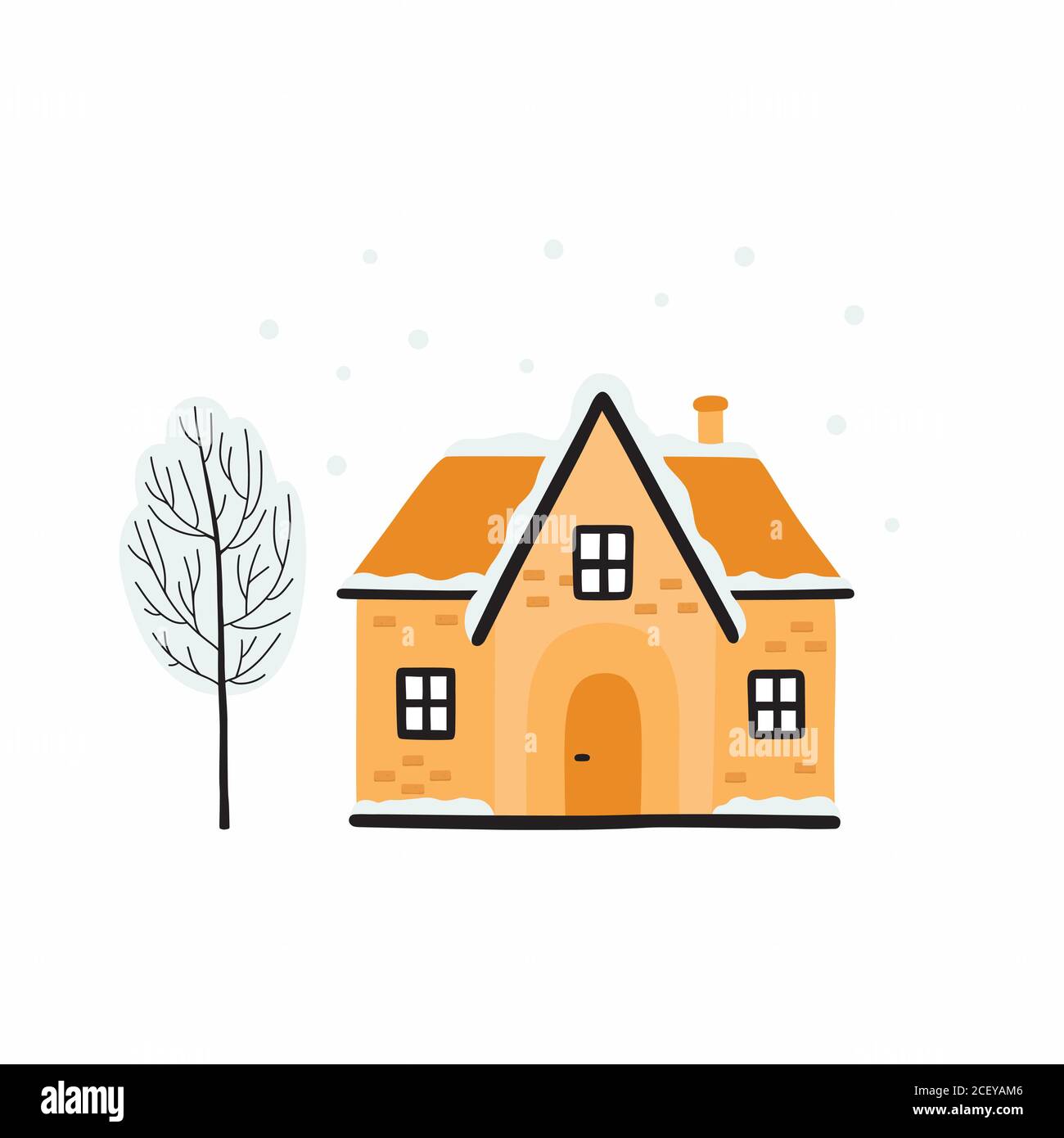 Cartoon Winterhaus. Vektor-Bild von einem Weihnachtshaus und Baum mit Schnee bedeckt. Stock Vektor