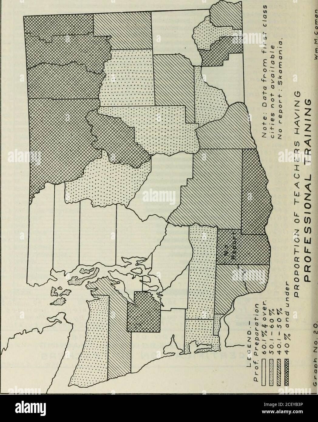 . Bericht der Public School Administrative Code Commission des Staates Washington. Geliefert an den Gouverneur und die Legislative in Olympia, Washington, 11. Januar 1921. Entworfen, um Senat Gesetzesvorlage Nr. begleiten 10. Anmerkung L C GC NO %0 10 ZO 3 0 40 5 0 Daten aus Städten erster Klasse not3 Hochschulabsolventen.i normale Zertifikate. 60 70 80 90 100% verfügbar; nicht enthalten.i ] durch Prüfung. IriYiiViv* E m e r g e ncy i et c . Grafik Nr. 19 ANTEIL DER TEACHERSHAVING PROFESSIONAL. TRAIN INGCERTIFICATION DER LEHRER M CORNAN. 94 School Code Commission Beport. School Code Commission Report 95 Profes Stockfoto