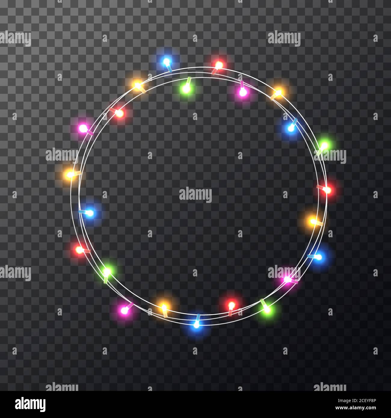 Weihnachtsfarbe Lichter Kranz. Leuchtende bunte Weihnachten Girlande. Frohe Weihnachten Luxus Rahmen. Weihnachtsdesign für Grußkarte, Banner, Poster Stock Vektor