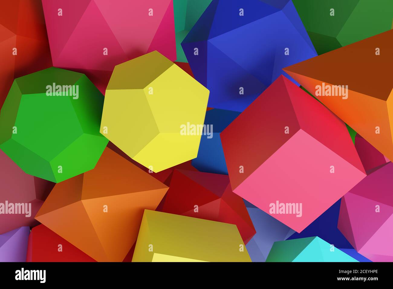 Polyeder in verschiedenen Farben. Platonische Feststoffe. 3d-Illustration. Stockfoto