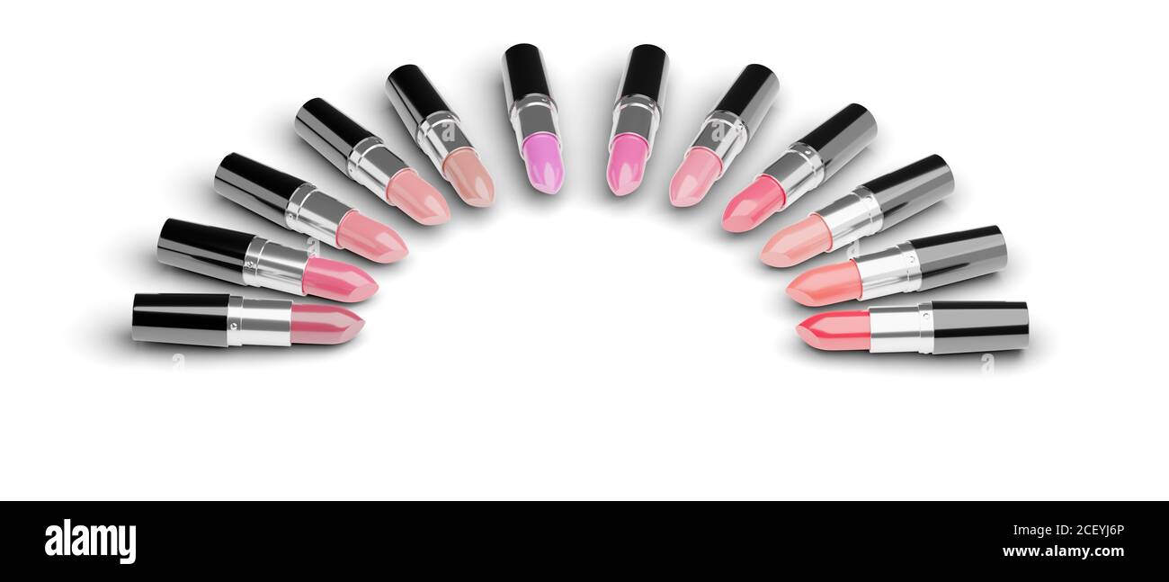 Lippenstifte in verschiedenen Farben in einem Halbkreis auf weißem Hintergrund angeordnet. 3d-Illustration. Stockfoto
