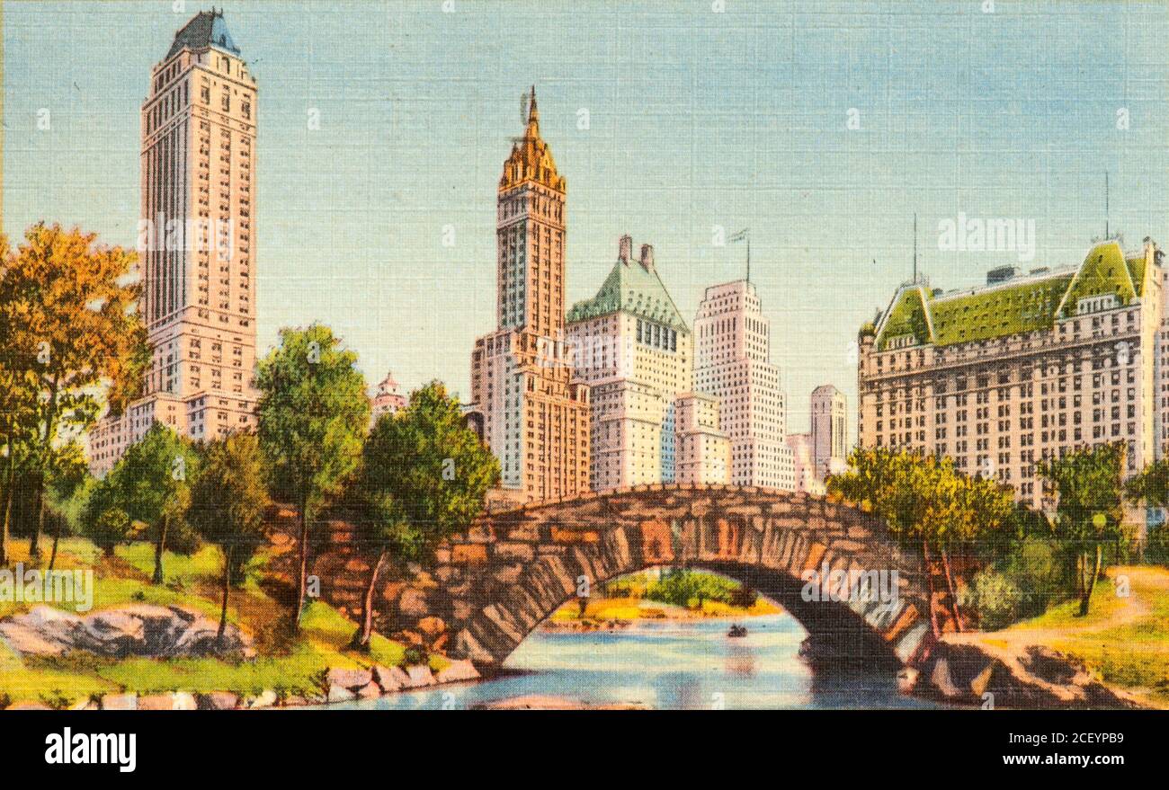 Postkarte mit der 59. Straße in New York City (1930er Jahre) Stockfoto