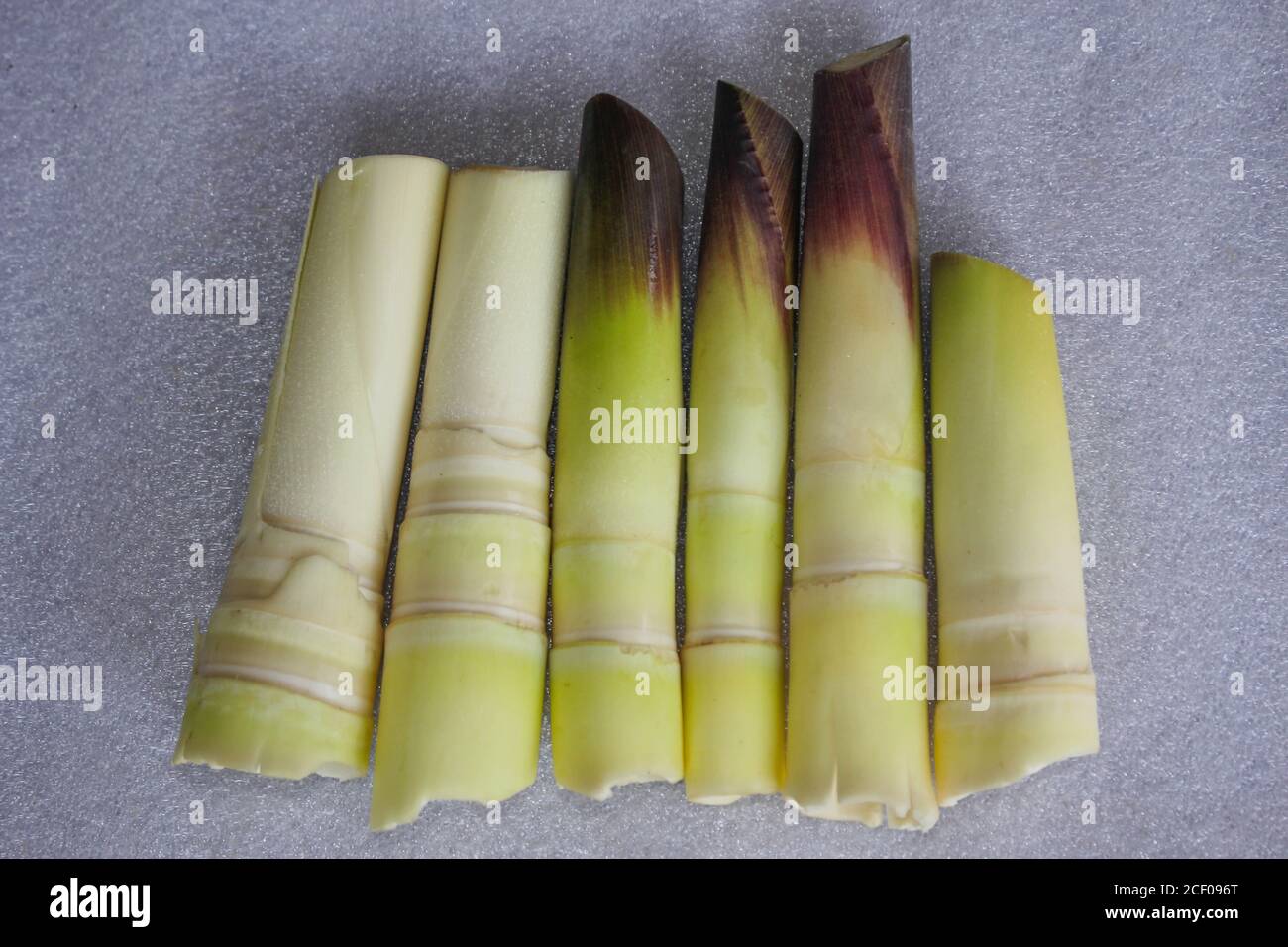 Bambus schießt geschälte köstliche Lebensmittel auf weißem Hintergrund gesetzt Stockfoto