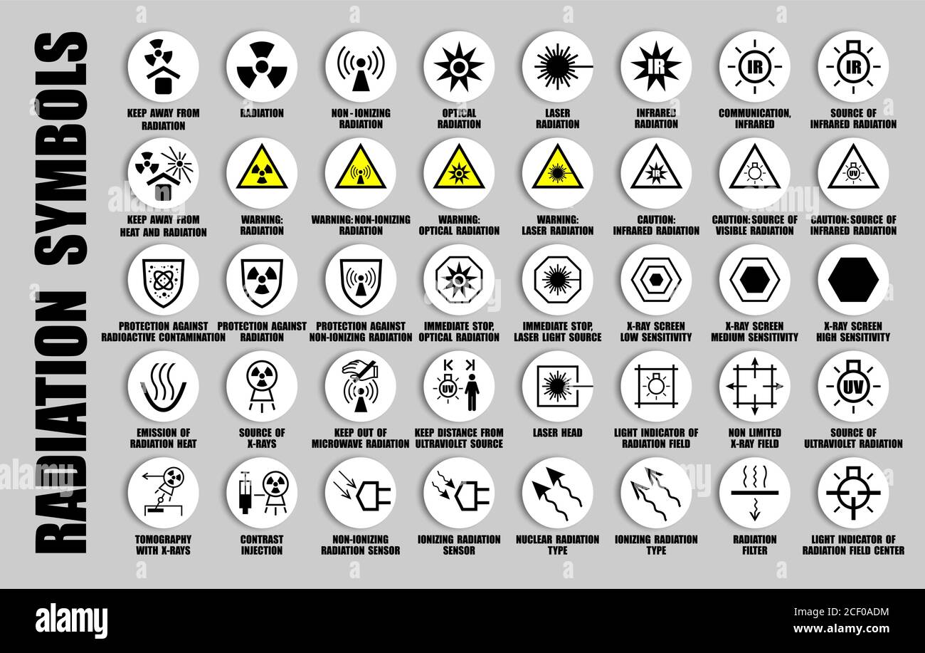 Vollständiger Vektor-Satz von schwarzen radioaktiven Symbolen isoliert auf weiß. Strahlengefahr und Vorsicht ISO-Symbole mit Warnhinweisen Stock Vektor