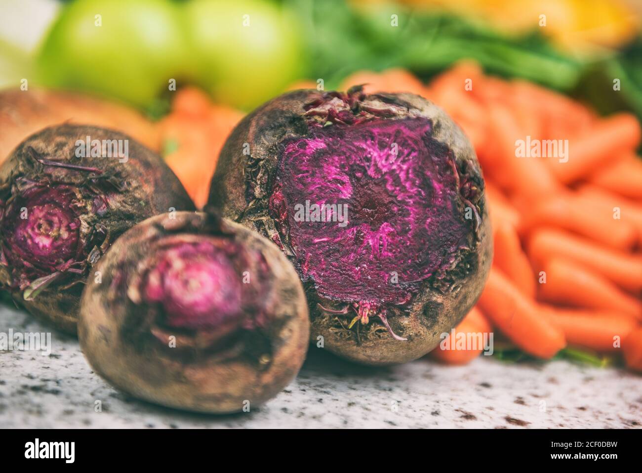 Rüben und Karotten Gemüse Ernte Hintergrund Stockfoto