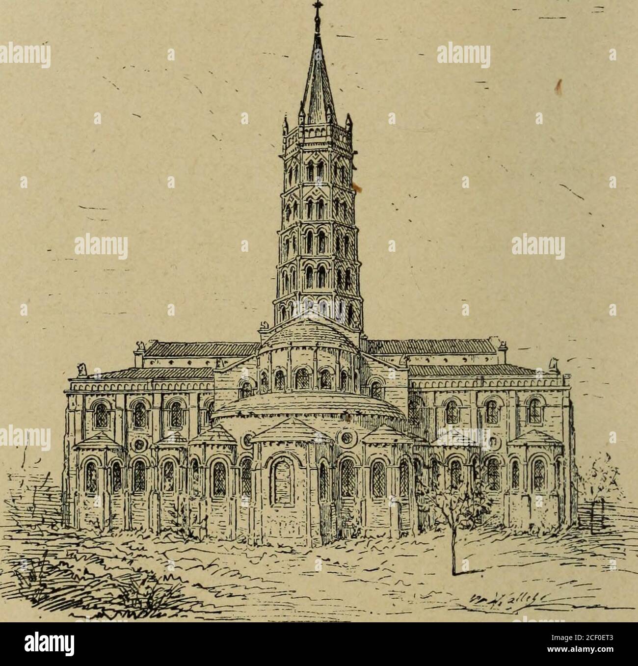 . L'architecture romane. 1 « 23(5 LARCHITECTURE ROMANE, après le concile de Clermont où sa parole déterminala première croisade, et peu de temps avant sa mortsurvenue en 1099; i^^is la date de cette construction. FTG. 1^2. EGLISE DE S A 1 N T - S E R N I N , A TOULOUSE. (Vue perspective de labside.) doit concerner la première église de Saint-Sernin, car,diaprés Viollet-le-Duc, celle qui existe aujourdhui, etqui a été complétée à diverses époques, est du xir siè-cle. CEST un des plus vastes édifices élevés dans le Midide PEurope par les constructeurs romans. HISTOIRE ET CARACTERES. Aj7 L^Infrue Stockfoto