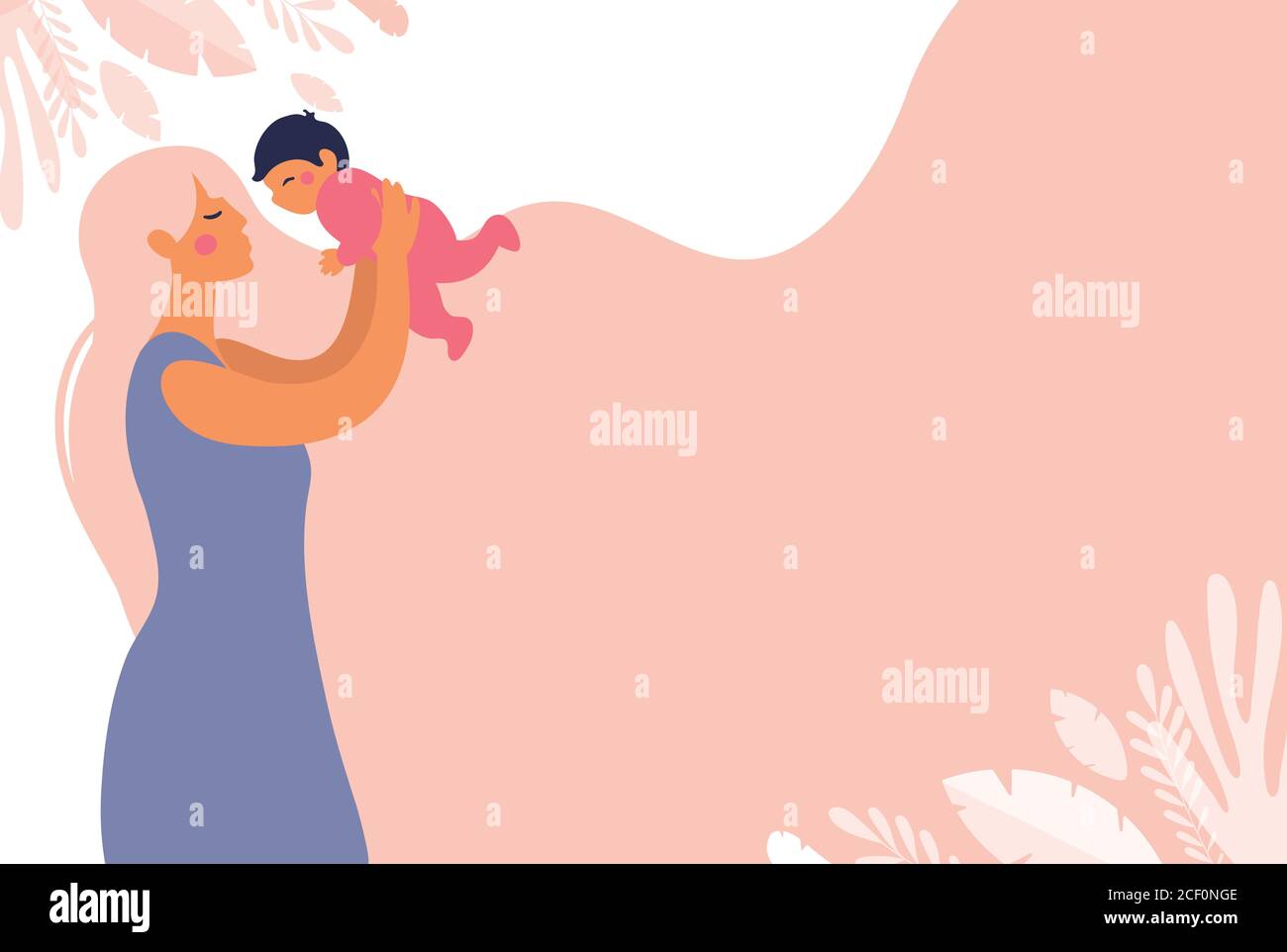 Eine schöne junge Mutter wirft ihr ein Kleinkind in die Arme. Kindheit und Mutterschaft kopieren Raum Poster. Flache Vektor-Konzeptdarstellung mit einem rosa Hintergrund Stock Vektor