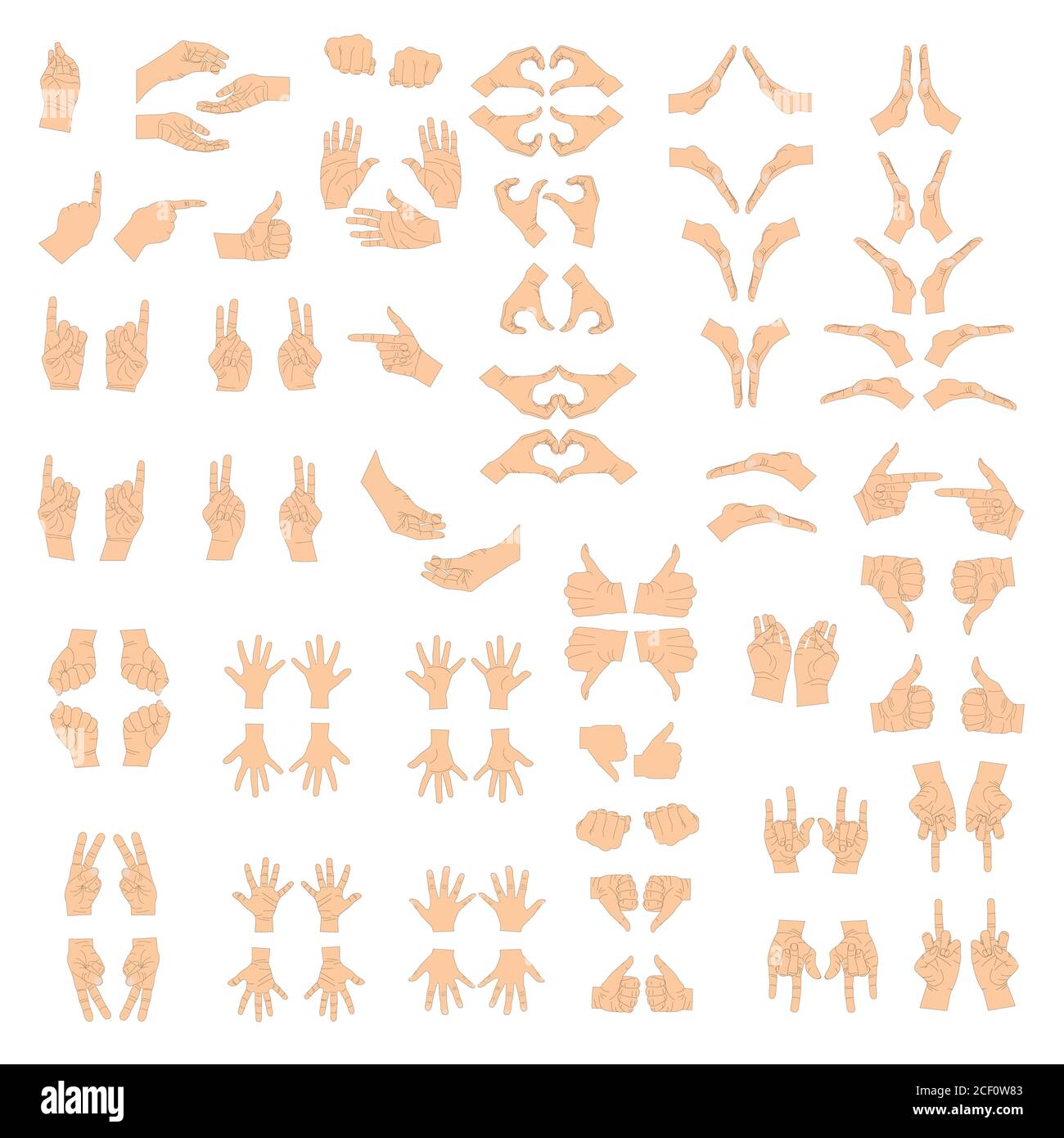 Verschiedene Gesten der menschlichen Hände isoliert auf einem weißen Hintergrund. Flache Illustration von weiblichen Händen in verschiedenen Situationen. Design-Elemente für Stock Vektor