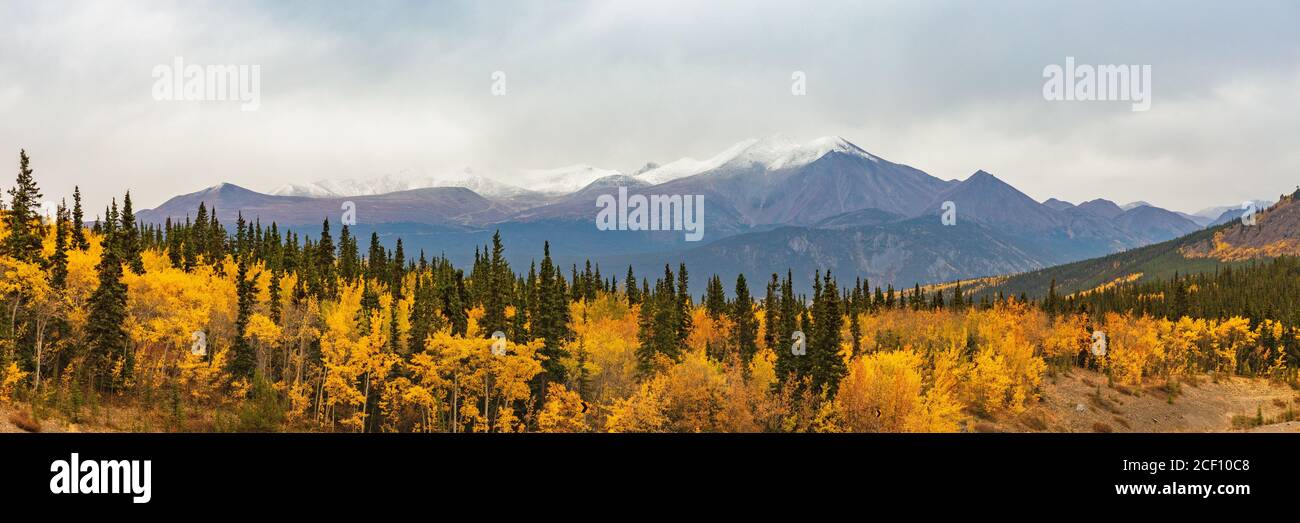 Alaska Berge Landschaft Natur Hintergrund im Herbst Saison. Schneespitzen Banner Panorama. Stockfoto