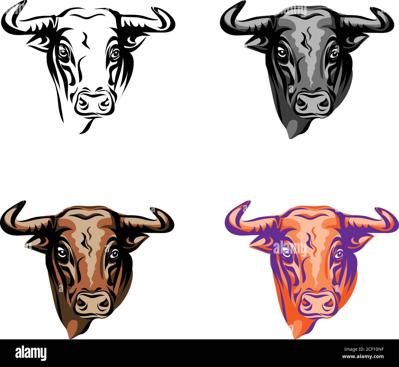 Stier, Porträt, Kopf, Farbe, Vektor, Tier, Illustration, Symbol, isoliert, Kuh, wild, gehörnt, weiß, schwarz, Kunst, Symbol, Zeichen, wütend, Macht, Bauernhof Stock Vektor