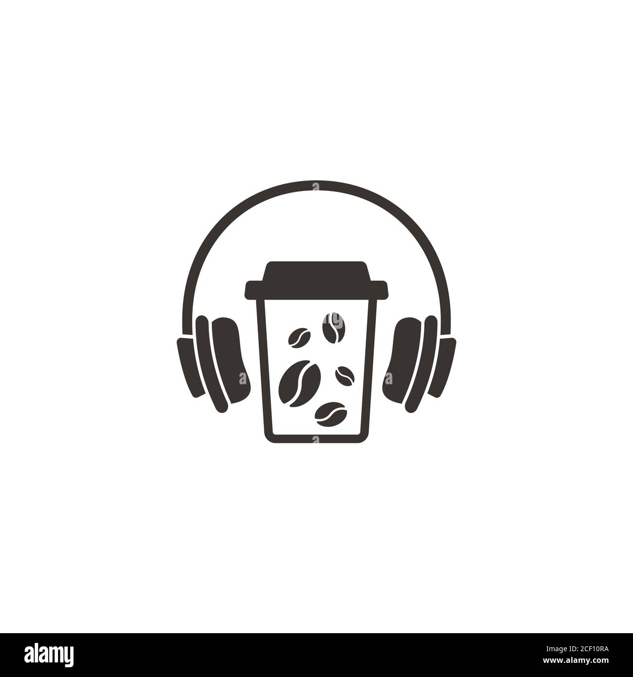 Kaffee zum Mitnehmen und Musik. Einweg-Pappbecher Kaffee. Papierbehälter-Symbol mit weißen Kopfhörern oder Headsets. Vektorgrafik. Stock Vektor