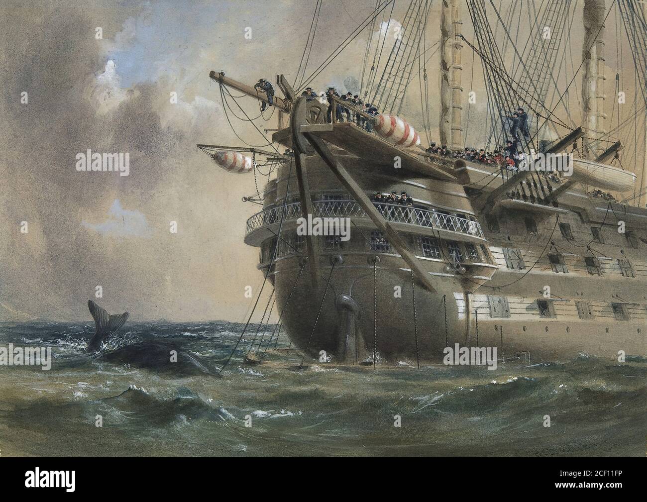 dudley, robert charles - H.M.S. Agamemnon Laying the Atlantic Cable in 1858; ein Wal über die Linie Stockfoto