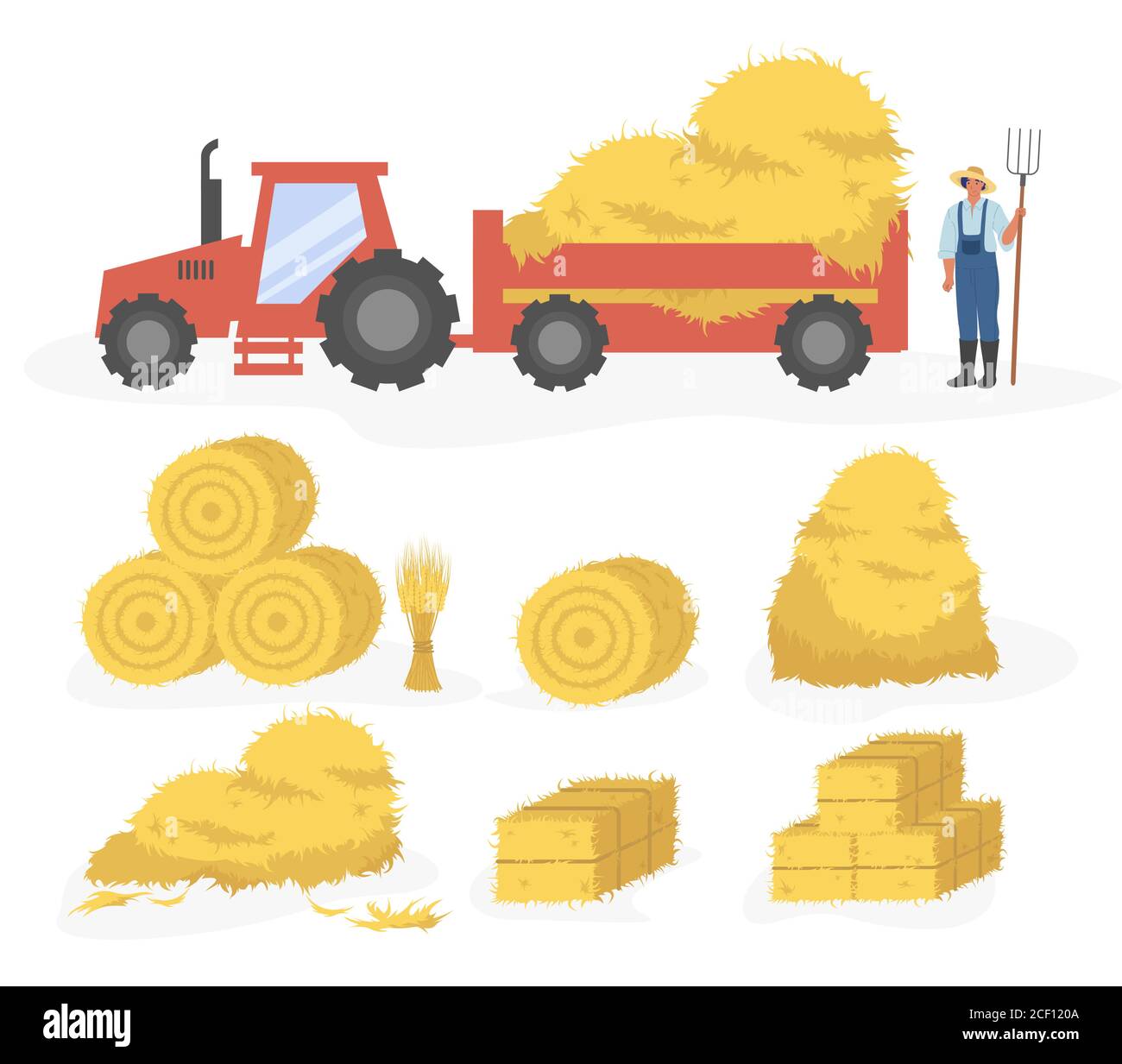Traktor mit Heu Cartoon Illustration. Vektor-Set von Heu-Symbole isoliert auf weißem Hintergrund gesetzt. Stroh, Heuhaufen und Heuboden Stock Vektor