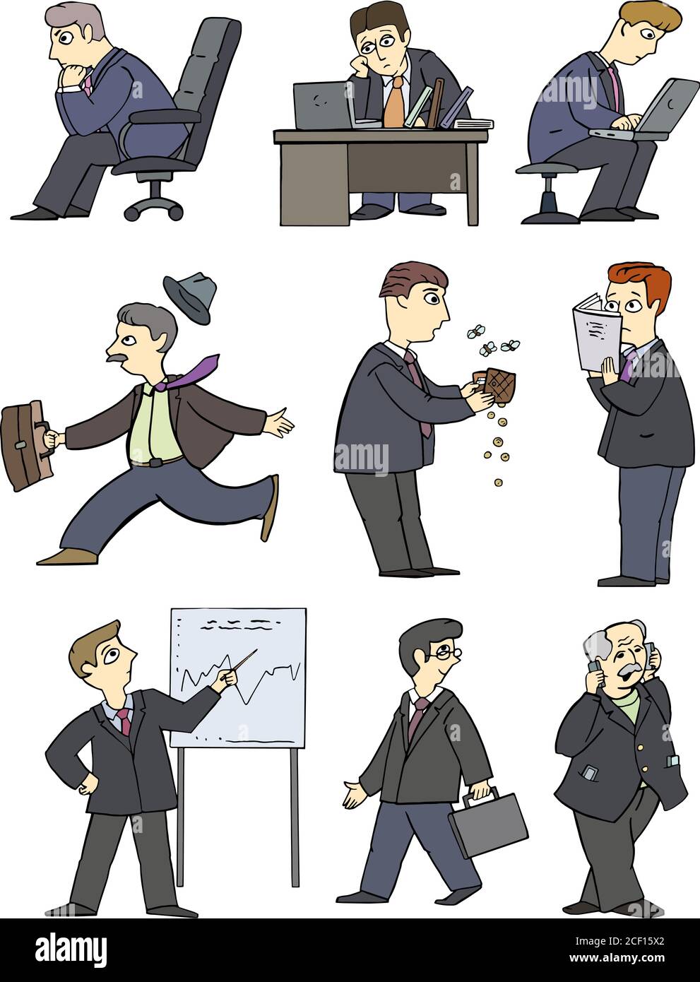 Business, verschiedene Business-Cases, Probleme mit der Arbeit, Farbe, Gewinn, Beruf, Downcast, Entscheidung, modern, stilisiert, Tabelle, Konto, Telefon Stock Vektor