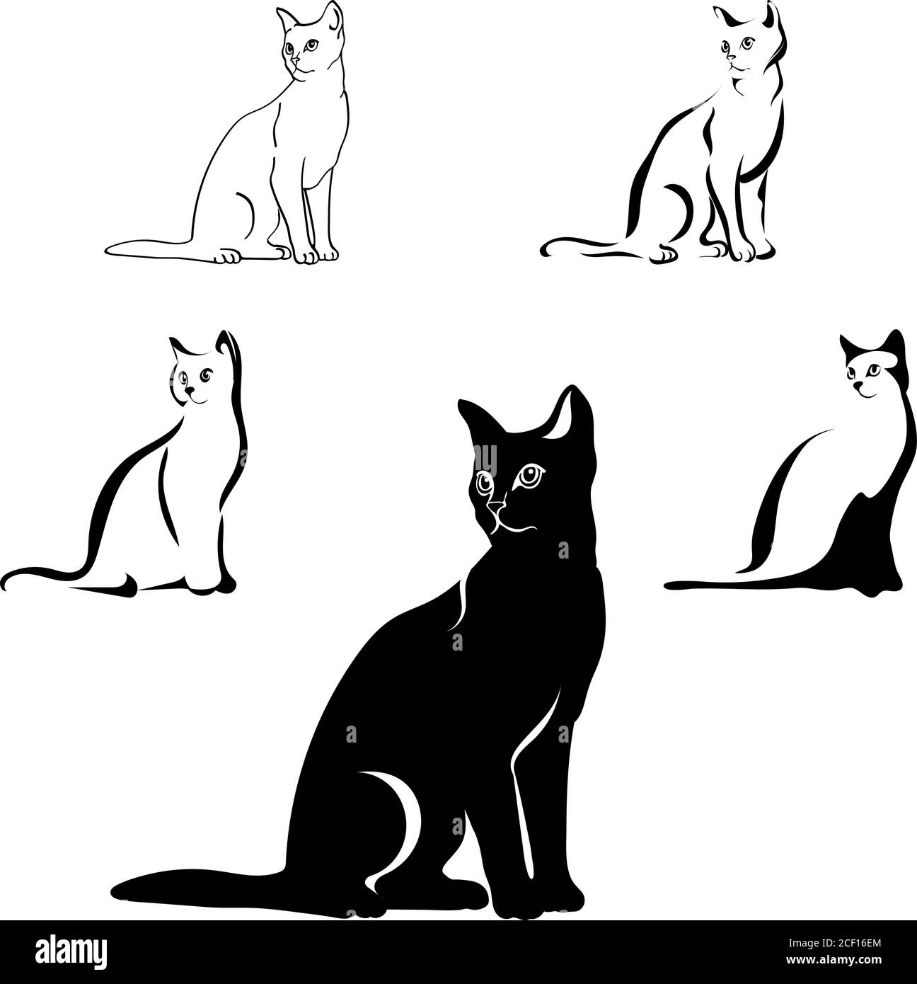 Katzen schwarzes Bild in verschiedenen Positionen, Katze sitzend, liegend, gehend, spielend, Vektor, schwarz, isoliert, weiß, gesetzt, Hintergrund, Umriss, Tier Stock Vektor