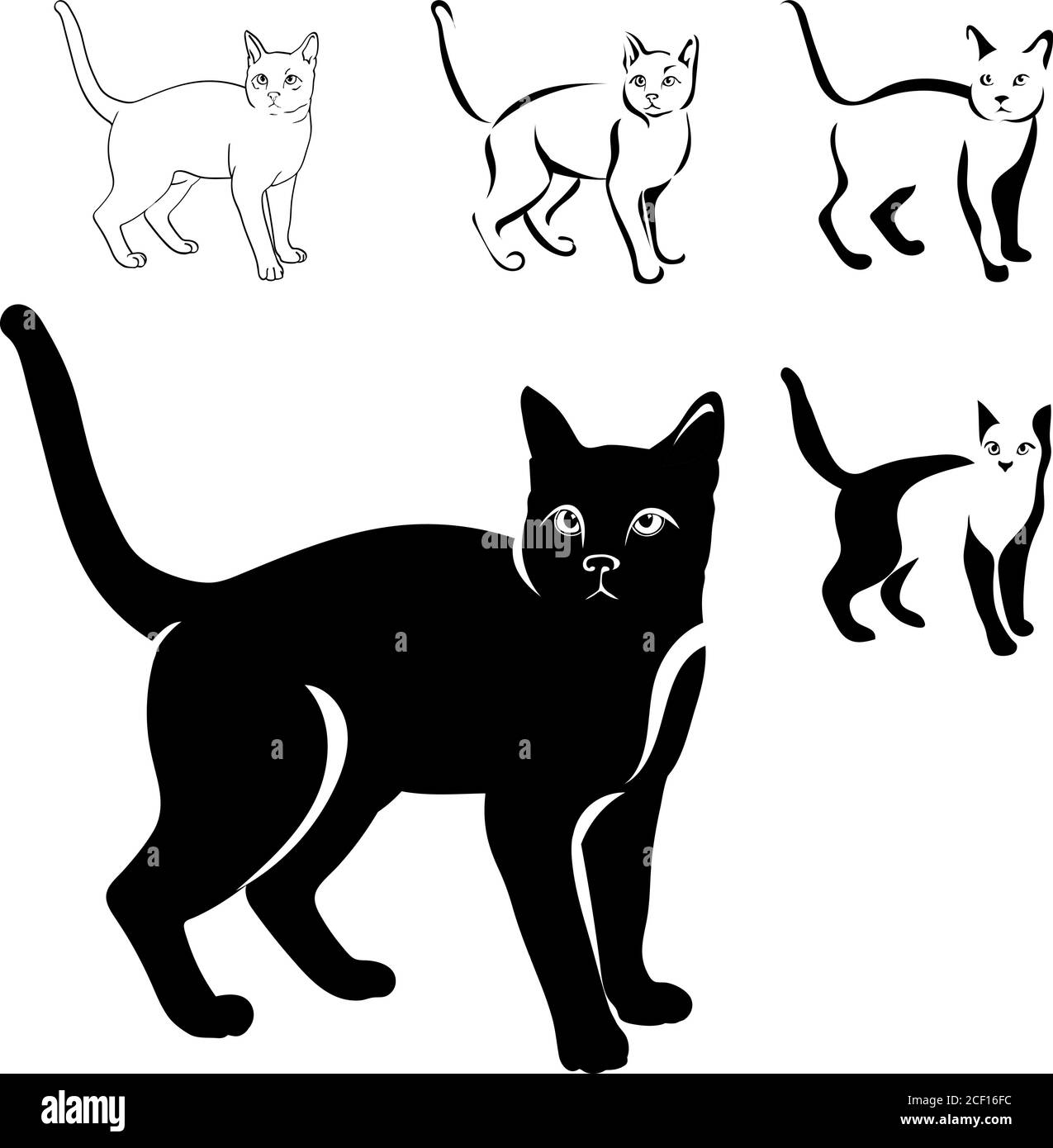 Katzen schwarzes Bild in verschiedenen Positionen, Katze sitzend, liegend, gehend, spielend, Vektor, schwarz, isoliert, weiß, gesetzt, Hintergrund, Umriss, Tier Stock Vektor